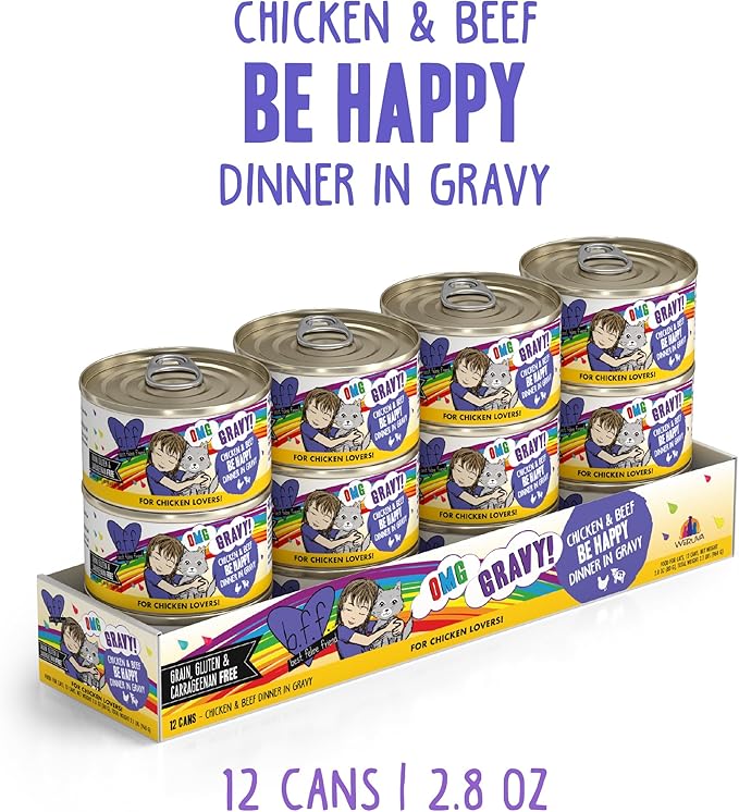 Weruva B.F.F. OMG - Best Feline Friend Oh My Gravy!, Chicken &amp; Beef Be Happy with Chicken &amp; Beef in Gravy, 2.8oz Can (Pack of 12)