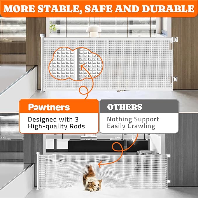 Pawtners Retractable Baby Gates Extra Wide, 41" Tall Extends up to 71" Wide, Dog Gate Indoor with for Stairs, Pet Gate with Support Rods for Doorways Hallways Indoor &amp; Outdoor-White