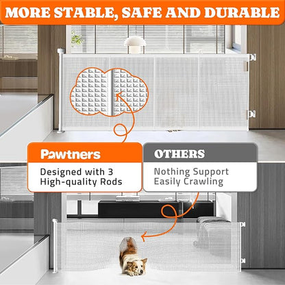 Pawtners Retractable Baby Gates Extra Wide, 41" Tall Extends up to 71" Wide, Dog Gate Indoor with for Stairs, Pet Gate with Support Rods for Doorways Hallways Indoor &amp; Outdoor-White