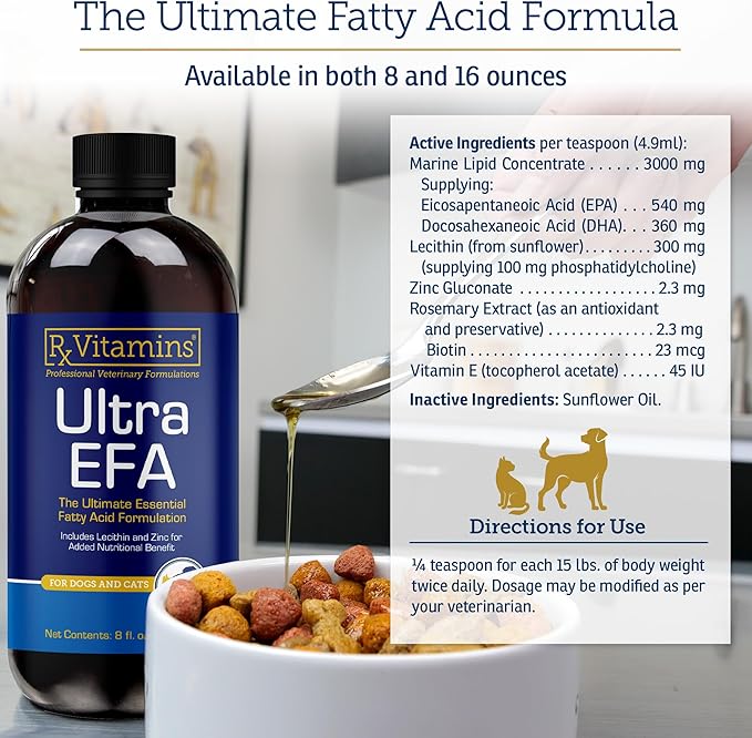Rx Vitamins Ultra EFA Omega 3 Fish Oil for Dogs &amp; Cats - Promotes Heart, Brain, and Joint Health with Vitamin E, Biotin, and Zinc - Liquid Fish Oil for Itch Relief, Dog Shedding, Coat Health - 8 oz