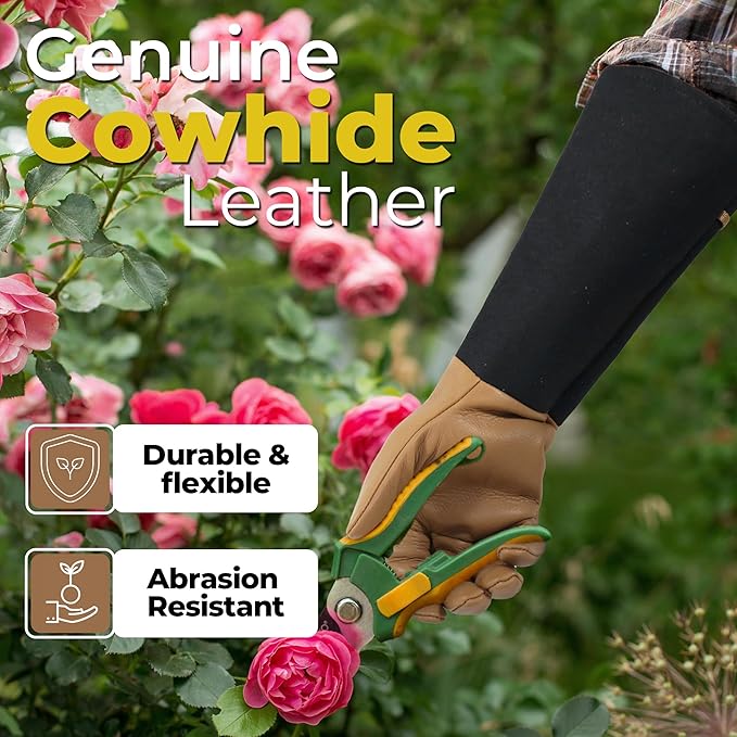 HANDLANDY Long Gardening Gloves for Men &amp; Women, Cowhide Leather Rose Pruning Gloves, Breathable Thorn Proof Gauntlet Glove (Brown-Cowhide, L)