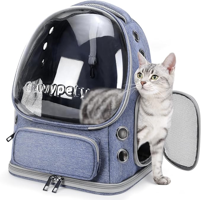Cat Backpack Carrier, Breathable Cat Carrier Large Space Bubble Pet Backpack for Kitty Small Dog up to 12lbs, Transparent &amp; Foldable Pet Carrier for Travel Hiking (Blue