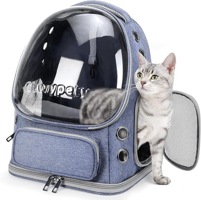 Cat Backpack Carrier, Breathable Cat Carrier Large Space Bubble Pet Backpack for Kitty Small Dog up to 12lbs, Transparent &amp; Foldable Pet Carrier for Travel Hiking (Blue