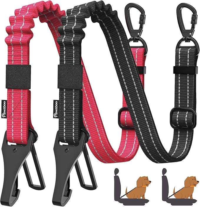 Pawaboo 2Pack Dog Seatbelt for Car, 3-in-1 Dog Seat Belt Bungee, Shockproof Dog Car Tether with Buckle &amp; Hook Latch, Adjustable Reflective Dog Car Harness Leash with 360° Lockable Buckle, Red