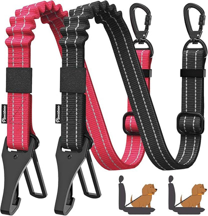 Pawaboo 2Pack Dog Seatbelt for Car, 3-in-1 Dog Seat Belt Bungee, Shockproof Dog Car Tether with Buckle &amp; Hook Latch, Adjustable Reflective Dog Car Harness Leash with 360° Lockable Buckle, Red