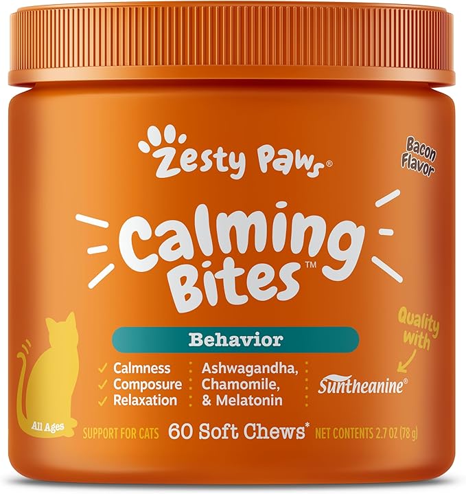 Zesty Paws Calming Chews for Cats - Composure &amp; Relaxation for Everyday Stress &amp; Separation - with Ashwagandha, Organic Chamomile, L-Theanine &amp; L-Tryptophan – Bacon - 60 Count - Cat