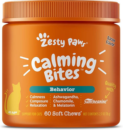 Zesty Paws Calming Chews for Cats - Composure &amp; Relaxation for Everyday Stress &amp; Separation - with Ashwagandha, Organic Chamomile, L-Theanine &amp; L-Tryptophan – Bacon - 60 Count - Cat
