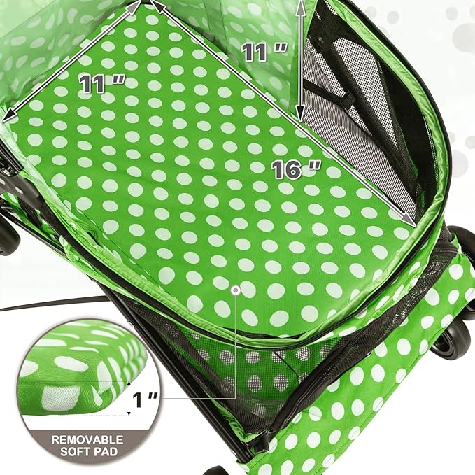 MoNiBloom 4 Wheels Pet Stroller, Easy-Fold Umbrella Shaped Dog Cat Jogger Stroller w/Storage Bag &amp; Visible Mesh for Small/Medium Dogs Cats Lawn Green Polka Dots