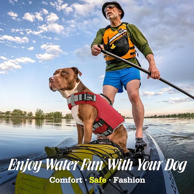 Pawaboo Dog Life Jacket, Reflective Dog Safety Vest Adjustable Pet Life Preserver with Strong Buoyancy &amp; Sturdy Rescue Handle, Ripstop Dog Lifesaver Vests for Swimming, Boating, XL, Red