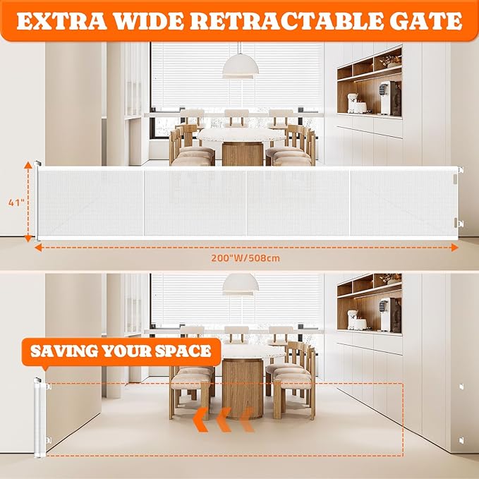 Pawtners Retractable Baby Gates Extra Wide, 41" Tall Extends up to 200" Wide, Dog Gate Indoor for Stairs, Pet Gate with Support Rods for Doorways Hallways Garage Indoor &amp; Outdoor-White