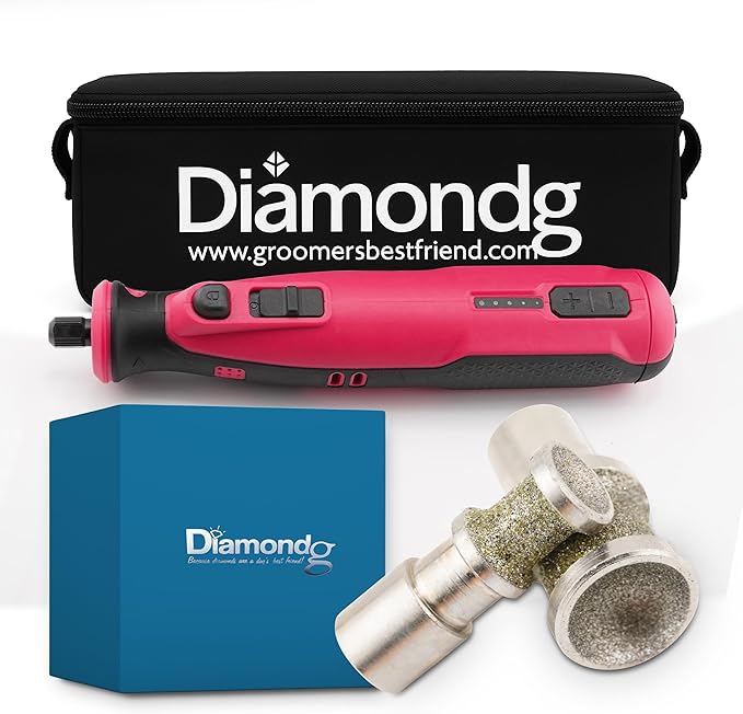 Diamondg Cordless Dog Nail Grinder with Quiet Sound &amp; LED Tip for Large &amp; Small Dogs, 4hrs. Runtime, 2 Bits Included, Pink