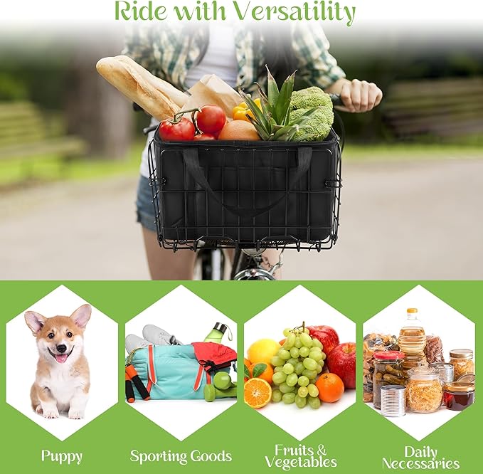 Aodaer Bike Basket with Removable Liner Bag Cargo Net Large Folding Bike Basket Quick Release Metal Ebike Basket Bicycle Storage Basket for Carrying Fruit &amp; Grocery Pets Dogs
