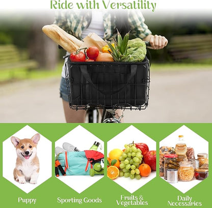 Aodaer Bike Basket with Removable Liner Bag Cargo Net Large Folding Bike Basket Quick Release Metal Ebike Basket Bicycle Storage Basket for Carrying Fruit &amp; Grocery Pets Dogs