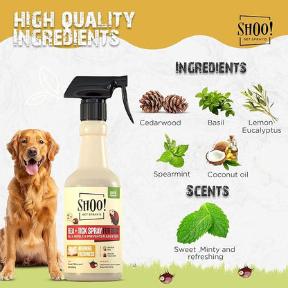 Shoo! Flea &amp; Tick Spray for Dogs and Home | Plant Based, Natural Oils, Chemical Free Formula | Kills, Repels, Prevents | 16 oz (Morning Freshness)