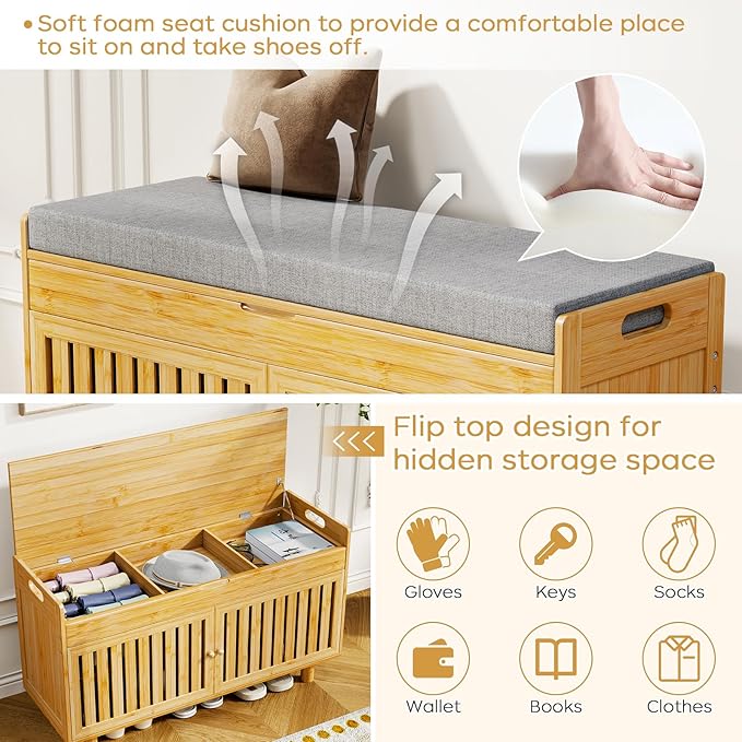 Coat Rack Shoe Bench Set, Bamboo Shoe Storage Bench with Seat Cushion &amp; 5 Hooks, Hall Tree Entryway Bench with Lift Top Hidden Storage, 35.4" W x 12.6" D x 19.7" H, for Entryway, Living Room, Bedroom