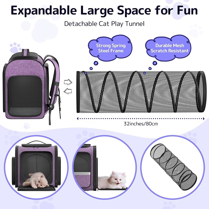Pawtners Cat Carrier Backpacks Expandable Cat Backpack with Breathable Mesh, Pet Carrier Backpack for Cats Small Dogs Puppies Up to 18 Lbs, Dog Carrier Backpack for Travel Hiking Camping Outdoor