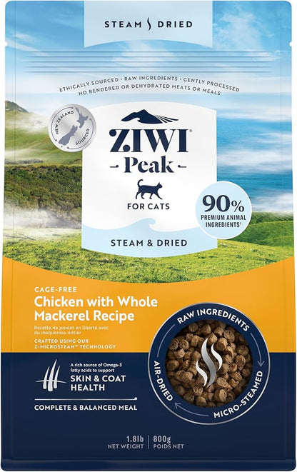 ZIWI Peak Steam &amp; Dried Cat Food – Cage-Free Chicken w/Whole Mackerel - High Protein, Skin &amp; Coat Health, Low Carb, for All Life Stages (28.8oz)