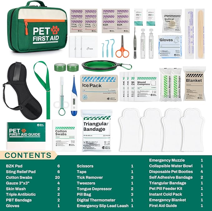 RHINO RESCUE Pet First Aid Kit, Emergency Medical Supplies for Dogs &amp; Cats, Safety Essentials Pack with Thermometer, Disposable Booties for Home, Hiking, Traveling &amp; Camping