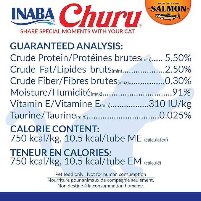 INABA Salmon Churu Cat Treats, Lickable, Squeezable Creamy Purée Cat Treat with Green Tea Extract &amp; Taurine, 0.5 Ounces Each Tube, 20 Tubes, Salmon &amp; Tuna Variety Box