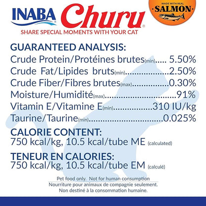 INABA Salmon Churu Cat Treats, Lickable, Squeezable Creamy Purée Cat Treat with Green Tea Extract &amp; Taurine, 0.5 Ounces Each Tube, 10 Tubes, Salmon &amp; Tuna Variety