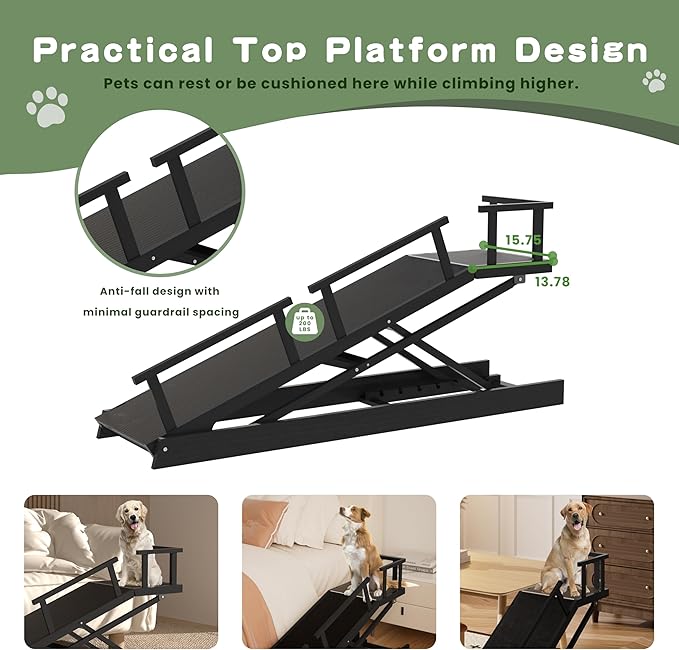 6 Level Height Adjustable Dog Ramp for Bed, Couch 65" Foldable Pet Ramp with Non-Slip Mat，DIY Glow Strips &amp; Rest Platform Heavy Duty Dog Stairs for Large Dogs up to 200Lbs ，Black