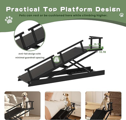 6 Level Height Adjustable Dog Ramp for Bed, Couch 65" Foldable Pet Ramp with Non-Slip Mat，DIY Glow Strips &amp; Rest Platform Heavy Duty Dog Stairs for Large Dogs up to 200Lbs ，Black