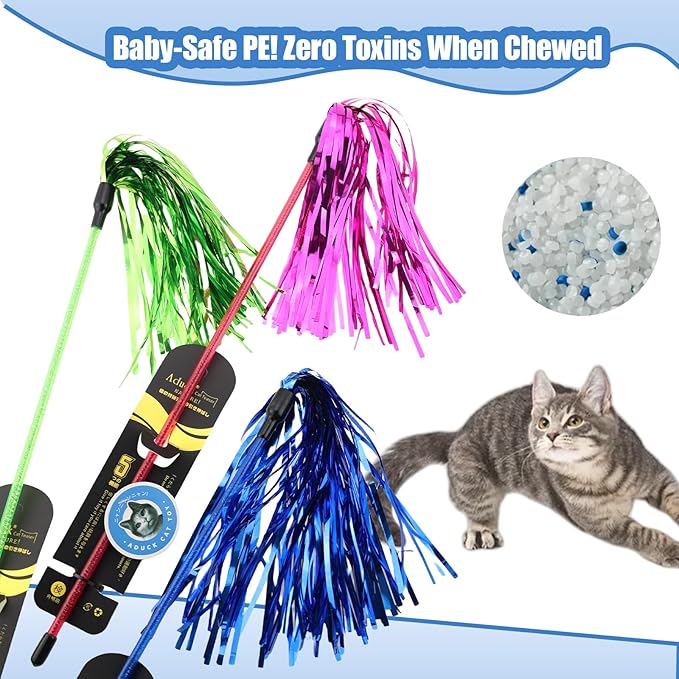 ADUCK Interactive Cat Teaser Wand Toy with Tassels - Durable Cat Chaser for Indoor Kitten Exercise, Boredom Relief &amp; Training Play, Pack of 3 (Gold, Blue, Pink)