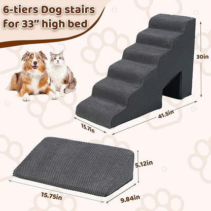 Dog Stairs &amp; Steps Ramps for High Beds 30 inches High Tall, LitaiL 6 Step Pet Stairs Steps for Small Large Dogs, Non-Slip Dog Ramps with 3 Pack Ramps for Staircase