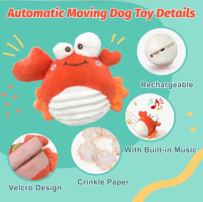 Crab Interactive Dog Toys – Rechargeable Self-Play Toy with Motion-Activated Ball &amp; Music Recording Modes for Small, Medium &amp; Large Dogs, Moving Dog Toy to Keep Them Busy