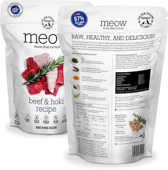 Meow Beef &amp; Hoki Freeze Dried Raw Cat Food, Mixer, or Topper, or Treat - High Protein, Natural, Limited Ingredient Recipe 9.9 oz