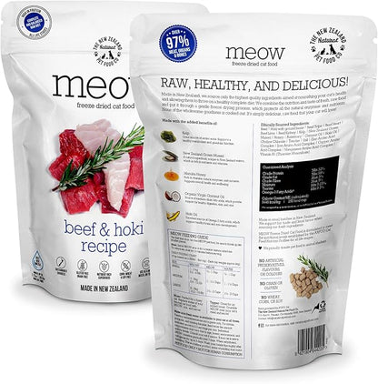 Meow Beef &amp; Hoki Freeze Dried Raw Cat Food, Mixer, or Topper, or Treat - High Protein, Natural, Limited Ingredient Recipe 9.9 oz