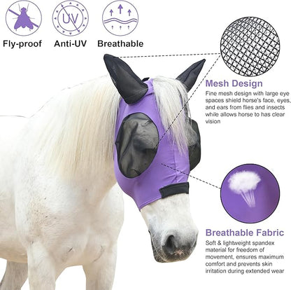 Stretchy Horse Fly Mask for Horses, Soft Lycra Equine Mesh Mask, Elasticity Horse Face Covering, Breathable&amp;UV Protection, Violet, Cob