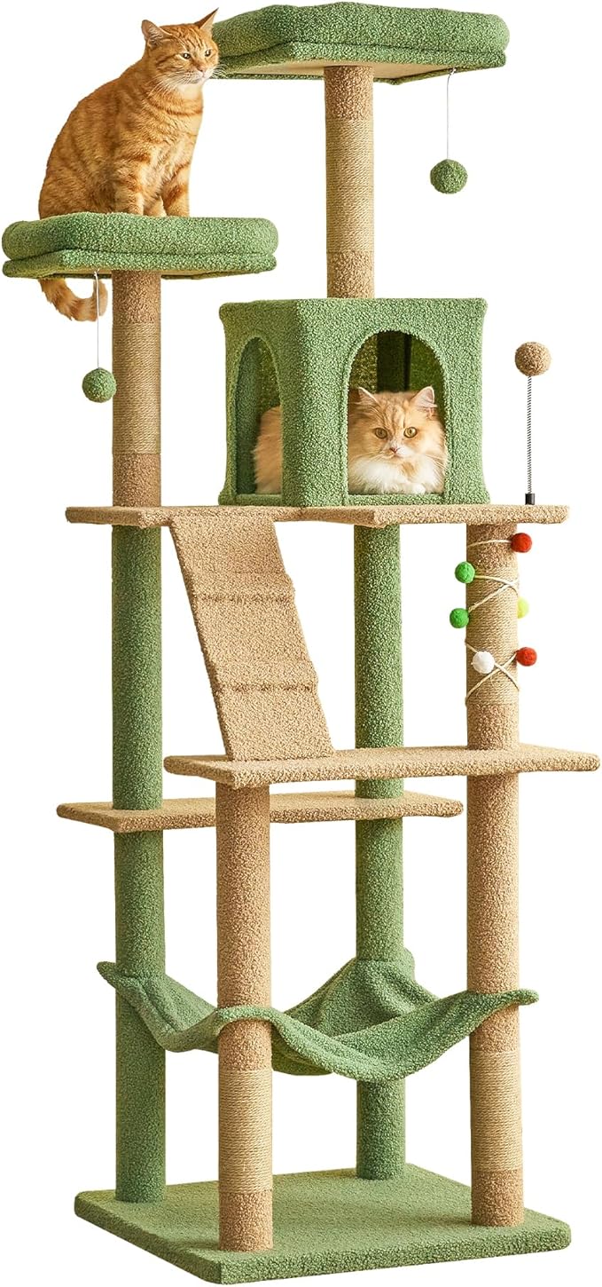 MWPO 70.1-Inch Green Large Cat Tree, Multi-Level Tall Cat Tower for Indoor Cats, Plush Cat Condo with Big Padded Perches, Sisal-Covered Scratching Posts, Hammock, Toys for Kittens &amp; Cats
