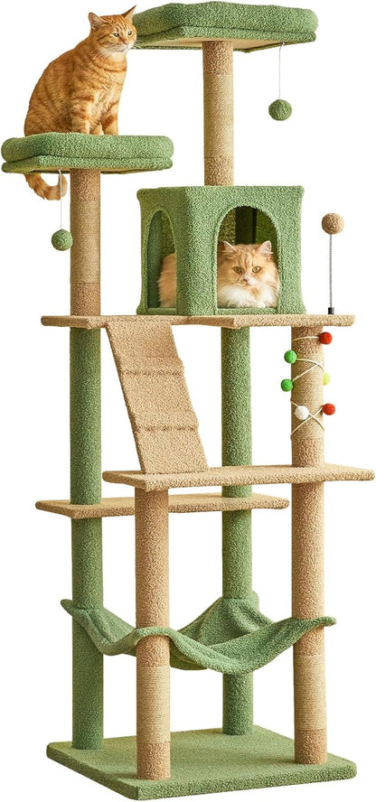 MWPO 70.1-Inch Green Large Cat Tree, Multi-Level Tall Cat Tower for Indoor Cats, Plush Cat Condo with Big Padded Perches, Sisal-Covered Scratching Posts, Hammock, Toys for Kittens &amp; Cats