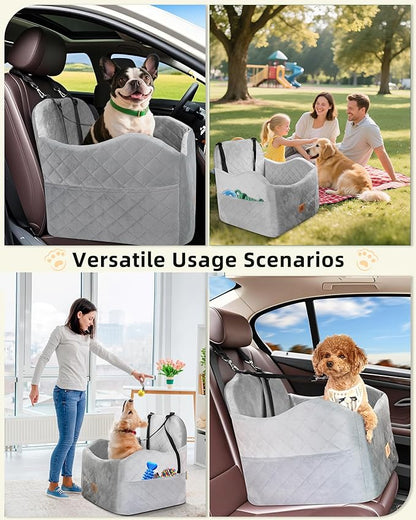 Car Seat Booster for Dog: High-Support Memory Foam Pet Car Seat for Small/Medium Dogs Under 35lbs with Elevated Cushion - Detachable Washable Puppy Travel Bed for Driving with Pockets (Grey)