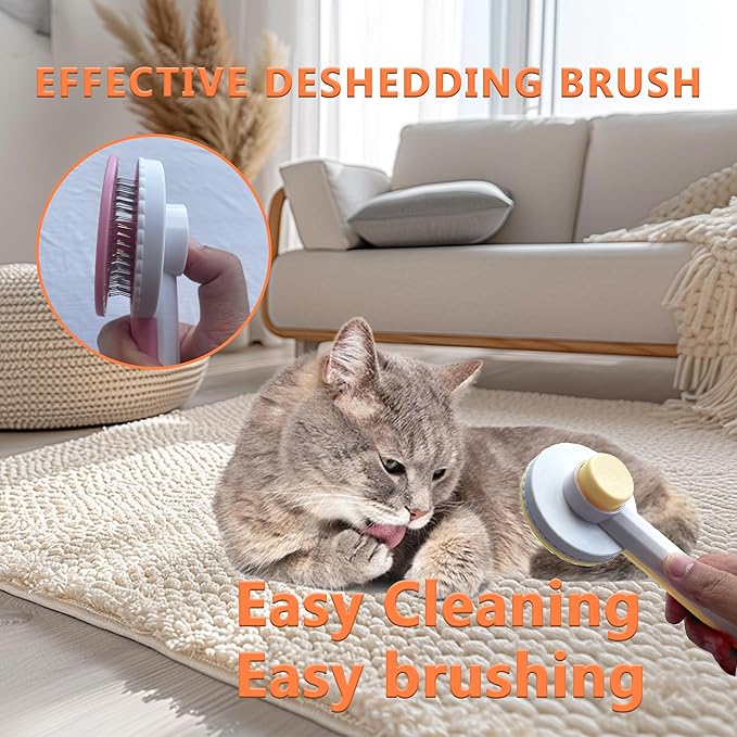 Cat Grooming Brush Kit 6 Tools - Deshedding &amp; Dematting for Long/Short Hair, Self-Cleaning Slicker Brush with 6-in-1 Flea Comb for Cats &amp; Kittens (Orange)