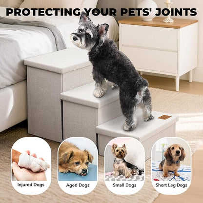 Dog Stairs with Storage 18" H, 3-Step Wider Dog Steps for Small/Medium/Large Old Dogs Cats, Folding Sturdy Pet Stairs Climbing Bed or Couch, Ramp for Car Up to 200 lbs (Beige, No Condo)
