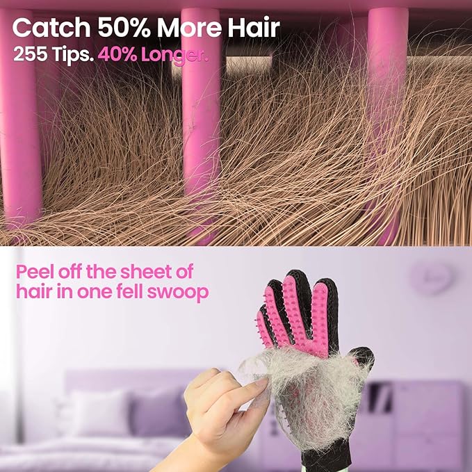 DELOMO Pet Grooming Gloves, Upgrade Version with Enhanced 255 Silicone Grooming Tips, Hair Remover Mittens for Dogs &amp; Cats, Bath Brush, 1 Pair (Pink)