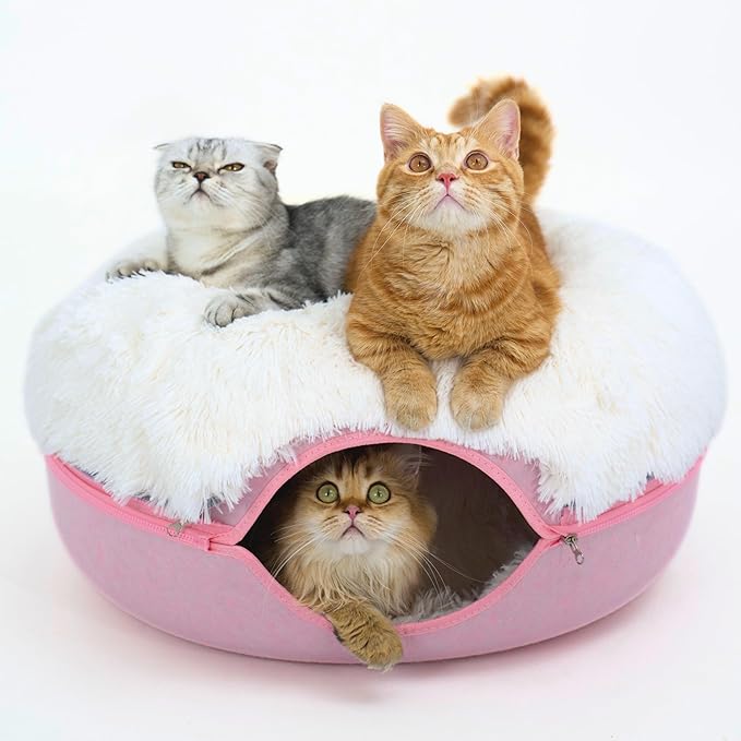 CATTASAURUS Peekaboo Cat Cave for Multiple &amp; Large Cats Up to 30-45 Lbs, Fluffy Cat Beds for Indoor Cats, Scratch Detachable &amp; Washable Tunnel Bed, Comfy Donut Cat Cave (Pink, Large (Calming))