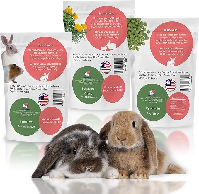 Snout and Shell Small Animal Treats – Pea Flakes, Dandelion Leaf (1oz), Marigold Flowers (0.5oz) – Natural Foraging Snacks for Rabbits, Guinea Pigs, Chinchillas, Hamsters &amp; More