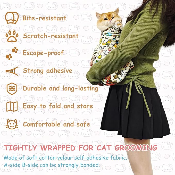 Cat Grooming Restraint Wrap – Self-Adhering Swaddle for Nail Clipping, Anti-Scratch &amp; Escape-Proof, Calming Cat Swaddle Wrap for Grooming or Medication (Extra-Large, for Over 1 Year Old Kittens)