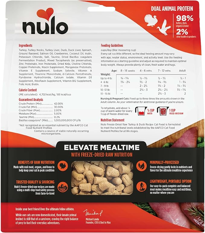Nulo Freestyle Freeze-Dried Raw, Ultra-Rich Grain-Free Dry Cat Food for All Breeds and Life Stages with BC30 Probiotic for Digestive and Immune Health, Turkey &amp; Duck, 16 Ounce