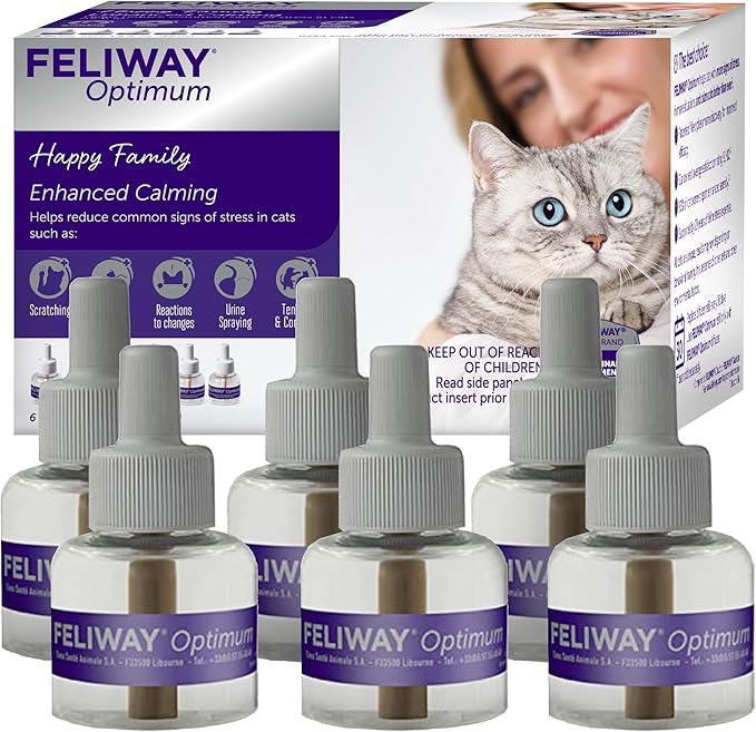 FELIWAY Optimum 6 x 30 Day Cat Calming Refills for Pheromone Diffuser, 6 x 48ml Value Pack - Helps Reduce Common Signs of Stress in Cats &amp; Kittens, Enhanced Calming