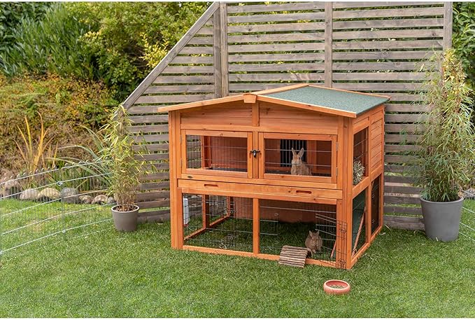 TRIXIE natura Outdoor Deluxe Rabbit Hutch with Run - Large 2-Story Rabbit Cage with Non-Slip Ramp - Elevated Small Animal House with Secure Playpen, Hinged Roof &amp; Two Pull-Out Trays - in Natural