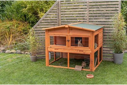 TRIXIE natura Outdoor Deluxe Rabbit Hutch with Run - Large 2-Story Rabbit Cage with Non-Slip Ramp - Elevated Small Animal House with Secure Playpen, Hinged Roof &amp; Two Pull-Out Trays - in Natural