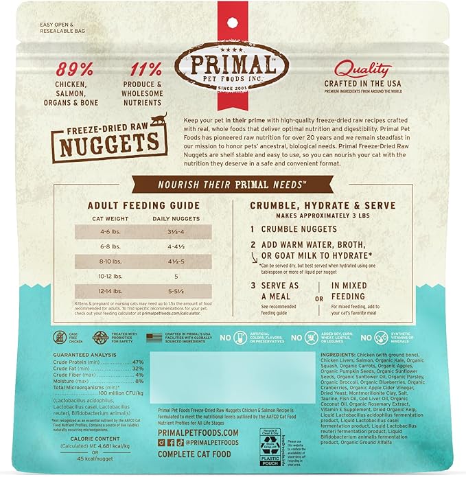 Primal Freeze Dried Raw Cat Food Nuggets Chicken &amp; Salmon, Complete &amp; Balanced Meal or Topper, Premium, Healthy, Grain Free, High Protein Raw Cat Food with Probiotics (14 oz)