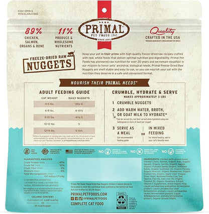 Primal Freeze Dried Raw Cat Food Nuggets Chicken &amp; Salmon, Complete &amp; Balanced Meal or Topper, Premium, Healthy, Grain Free, High Protein Raw Cat Food with Probiotics (14 oz)