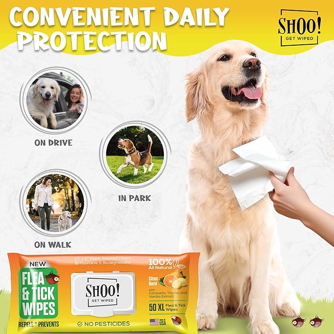 Shoo! Flea &amp; Tick Wipes for Dogs | Convenient, Easy On-The-Go Protection | Plant Based, Natural Oils, Chemical Free | Repels &amp; Prevents | 50 XL Wipes | (Citrus Burst)