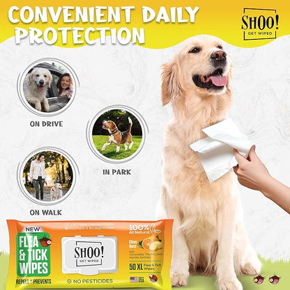 Shoo! Flea &amp; Tick Wipes for Dogs | Convenient, Easy On-The-Go Protection | Plant Based, Natural Oils, Chemical Free | Repels &amp; Prevents | 50 XL Wipes | (Citrus Burst)