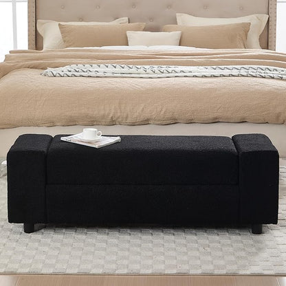 Teddy Storage Ottoman Bench for Bedroom, Comfy Boucle End of Bed Bench with Large Hidden Storgae Space, 55 inches Window Bench for Living Room/Reception Room/Mudroom, Black